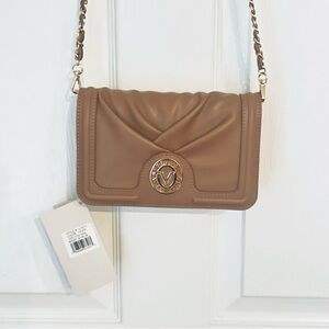 NWT Valentino Orlandi crossbody taupe with gold laced chain